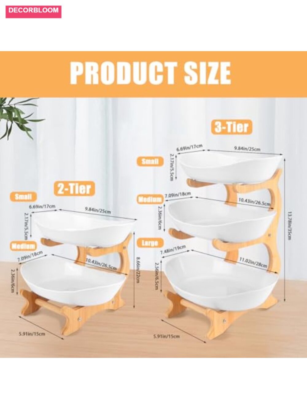 3-Tier Fruit Basket Stand with Bamboo and Plastic Bowls, Kitchen Counter - Picture 2 of 6